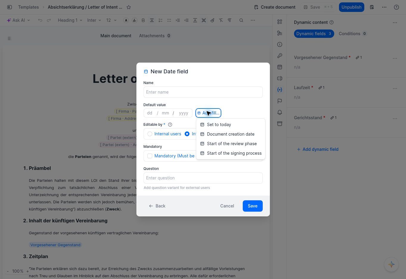 New Date field dialog with the Autofill menu open